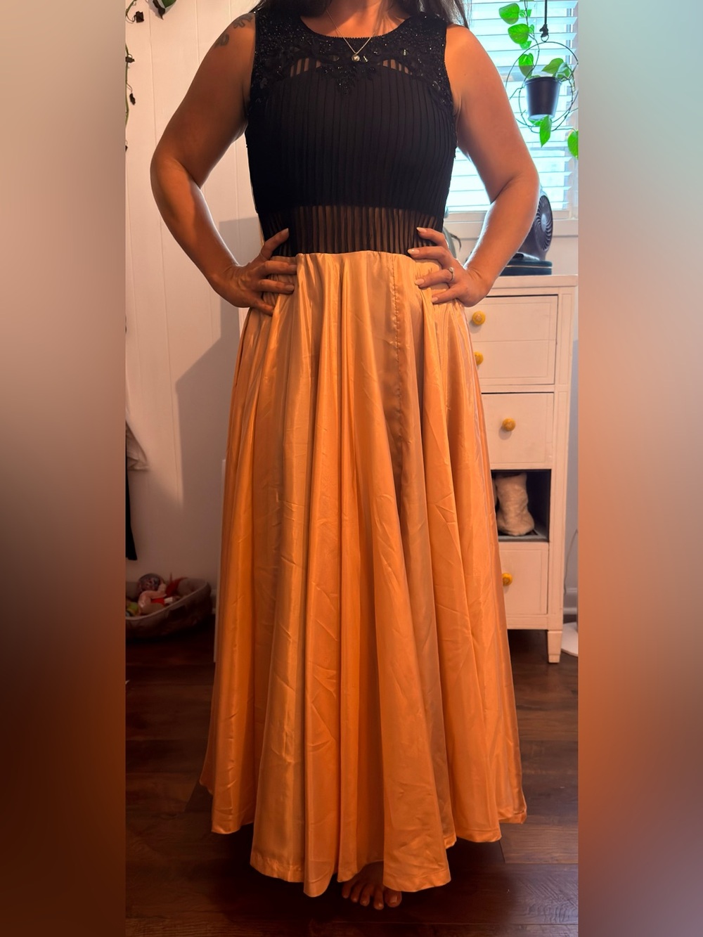 Women’s Black Sequin Bodice with Rose Gold Satin Skirt Dress